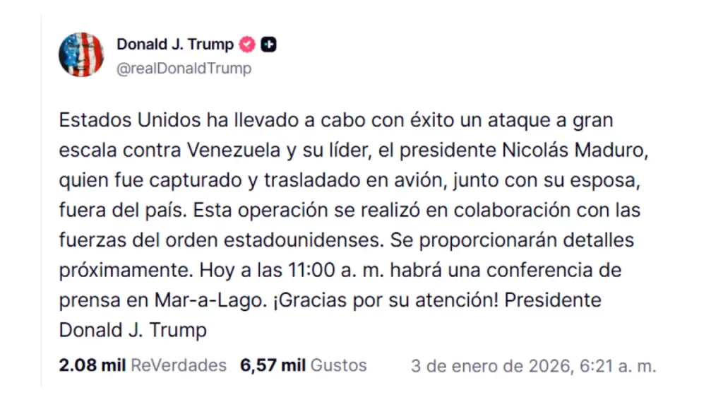 Trump anuncia en X captura de Nicolás Maduro
